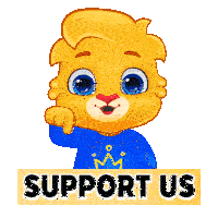 a cartoon lion pointing at a sign that says " support us "
