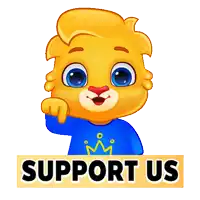 a cartoon lion pointing at a sign that says " support us "