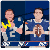 a cartoon drawing of two football players with the numbers 38 and 7 on the bottom