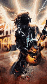 a painting of a man holding a guitar with guns n roses written on the bottom