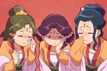 a cartoon drawing of three women with one wearing a crown on her head