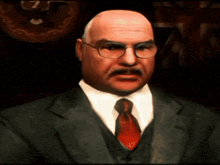 a bald man with glasses and a mustache is wearing a suit