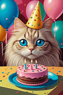 a cat wearing a party hat looks at a birthday cake with candles