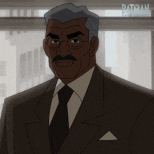 a cartoon of a man with glasses and a mustache with the batman caped crusader logo behind him