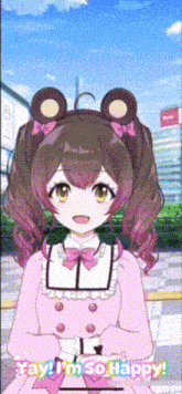a girl in a pink dress says yay i 'm so happy while wearing a teddy bear headband