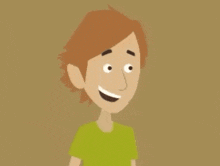 a cartoon boy is smiling and wearing a green shirt .