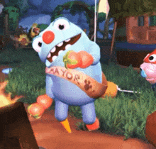 a cartoon character is wearing a sash that says mayor and is standing in a field .