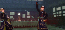 two anime characters are dancing in a room with candles on a table