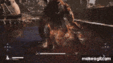 a video game is being played on a computer and a person is standing in a pool of blood .