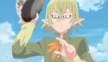 a cartoon character with green hair and a flower on his chest