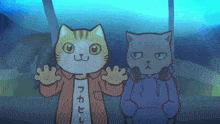 two cartoon cats are standing next to each other with one wearing a shirt with chinese characters