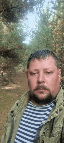 a man with a beard wearing a striped shirt and a jacket