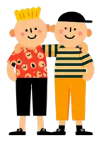 two cartoon characters standing next to each other one wearing a crown