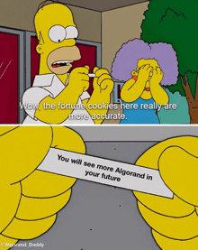 a cartoon of homer simpson holding a fortune cookie that says " you will see more algorand in your future "