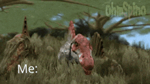 a group of dinosaurs are standing in a field with the words me written below them