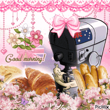 a greeting card that says good morning with croissants and a mixer