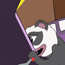 a panda bear is playing a video game on a purple screen