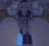 a cartoon character is standing in a living room with a couch in the background