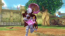 a video game screen shows a character holding a pink umbrella and a pink bag