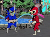 a cartoon of a blue and red superhero standing next to each other