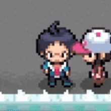 a boy and a girl are standing next to each other in a pixel art .