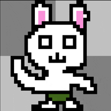 a pixel art drawing of a white cat with pink ears .