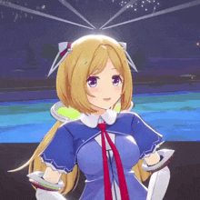 a girl with blonde hair and purple eyes is wearing a blue and white dress and a red tie