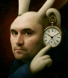 a man in a rabbit costume is holding a pocket watch with roman numerals