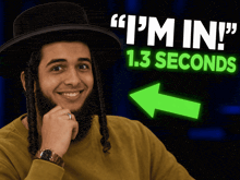 a man with a beard is smiling in front of a sign that says " i 'm in " 1.3 seconds