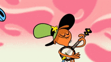 a cartoon character playing a banjo with a star on it