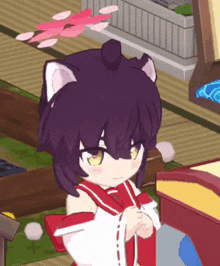 a girl with purple hair and cat ears is sitting in a room