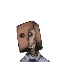 a drawing of a skeleton with a cardboard box over his head