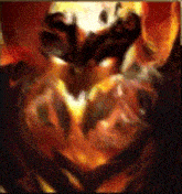a painting of a monster with flames coming out of it 's face