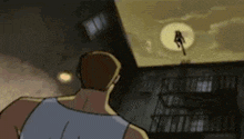 a cartoon of a man looking at a woman flying through the air