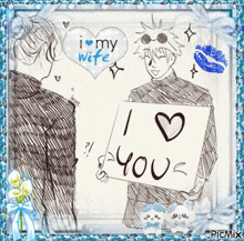 a drawing of a man holding up a sign that says i love you