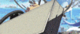 a close up of a person riding a surfboard in a cartoon .