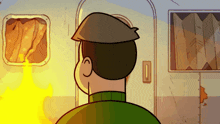 a cartoon of a man looking at a fire