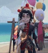 a cartoon character stands in front of balloons and lanterns