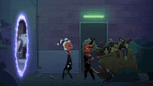 a cartoon drawing of a doorway with a glowing green light