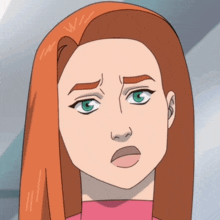 a cartoon of a woman with red hair and green eyes making a sad face