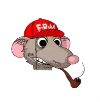 a cartoon rat wearing a red hat that says f.r.m