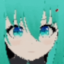 a pixel art of a girl with green hair and blue eyes covering her face .