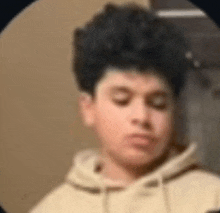 a young boy with a hoodie on is making a funny face .