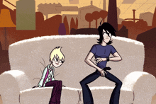 two cartoon characters are sitting on a couch and one is wearing a watch