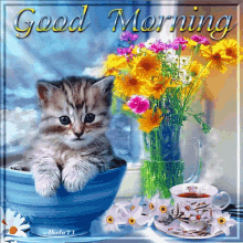good morning kitten tea flowers