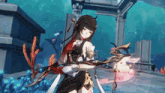 a girl with long black hair is holding a bow and arrow in a video game .
