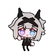 a pixel art drawing of a girl with horns and purple eyes giving a thumbs up .
