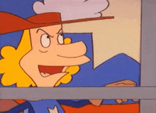a cartoon character is wearing a cowboy hat and smiling .