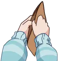 a person in a blue sweater is holding an empty brown wallet