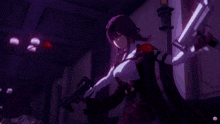 a woman in a video game is holding a gun in her hand .